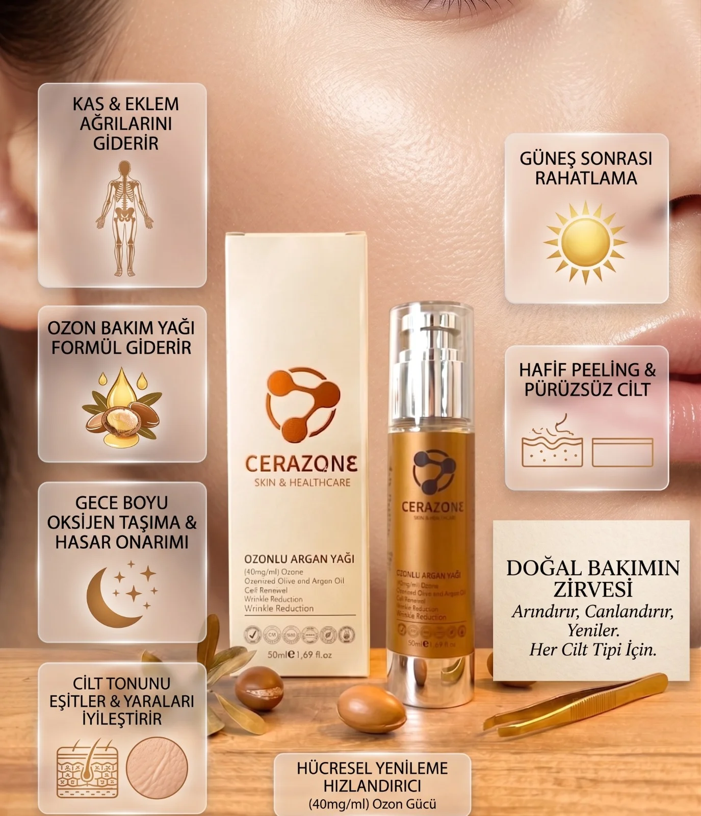 Saf Ozonlu Argan Yağı Leke Kırışıklık Ve Sivilce Karşıtı Cilt Bakım Yağı 50 ml