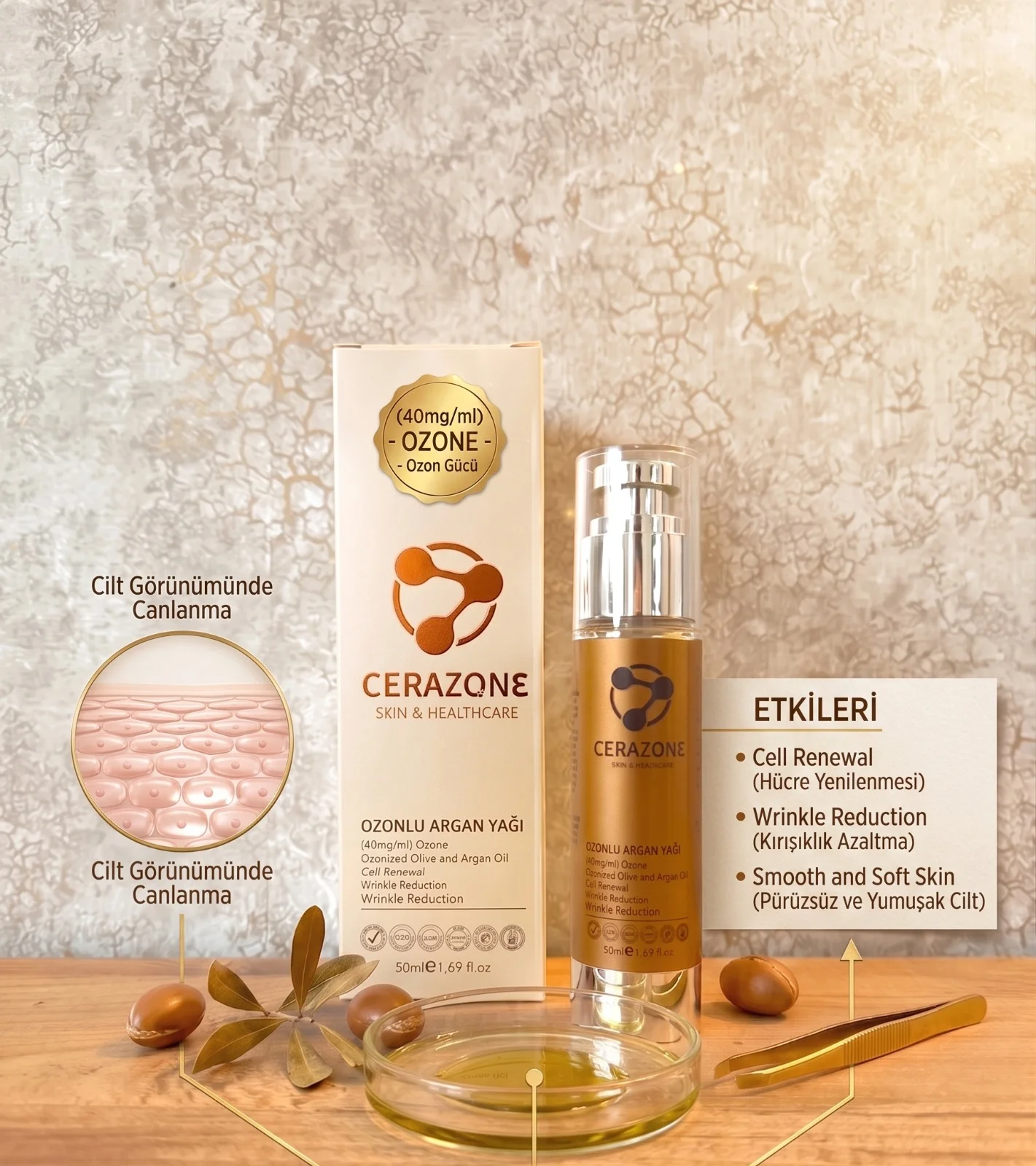 Saf Ozonlu Argan Yağı Leke Kırışıklık Ve Sivilce Karşıtı Cilt Bakım Yağı 50 ml