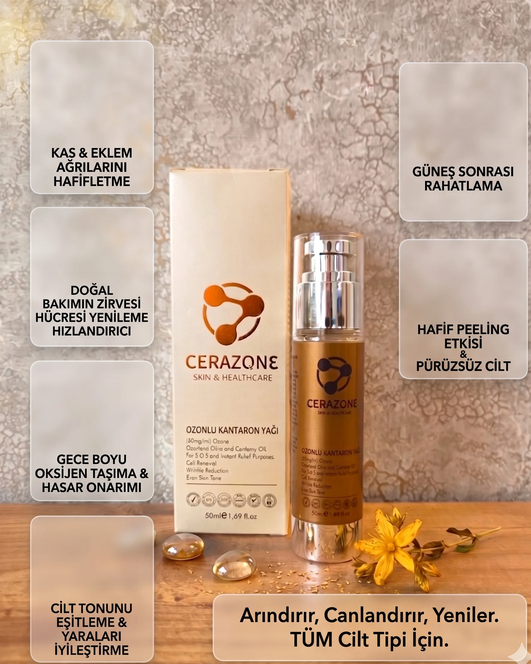 Cerazone Ozonlu Kantaron Yağı 50 ml Cilt Bariyeri Yenileyici ve Lekelere Karşı Doğal Bakım Yağı